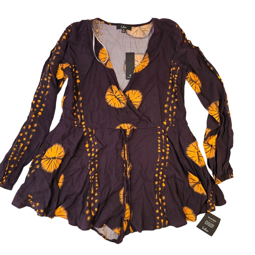 Lulus Purple Orange Tie Dye Butterfly Long Sleeve Surplice Romper Size M NWT
